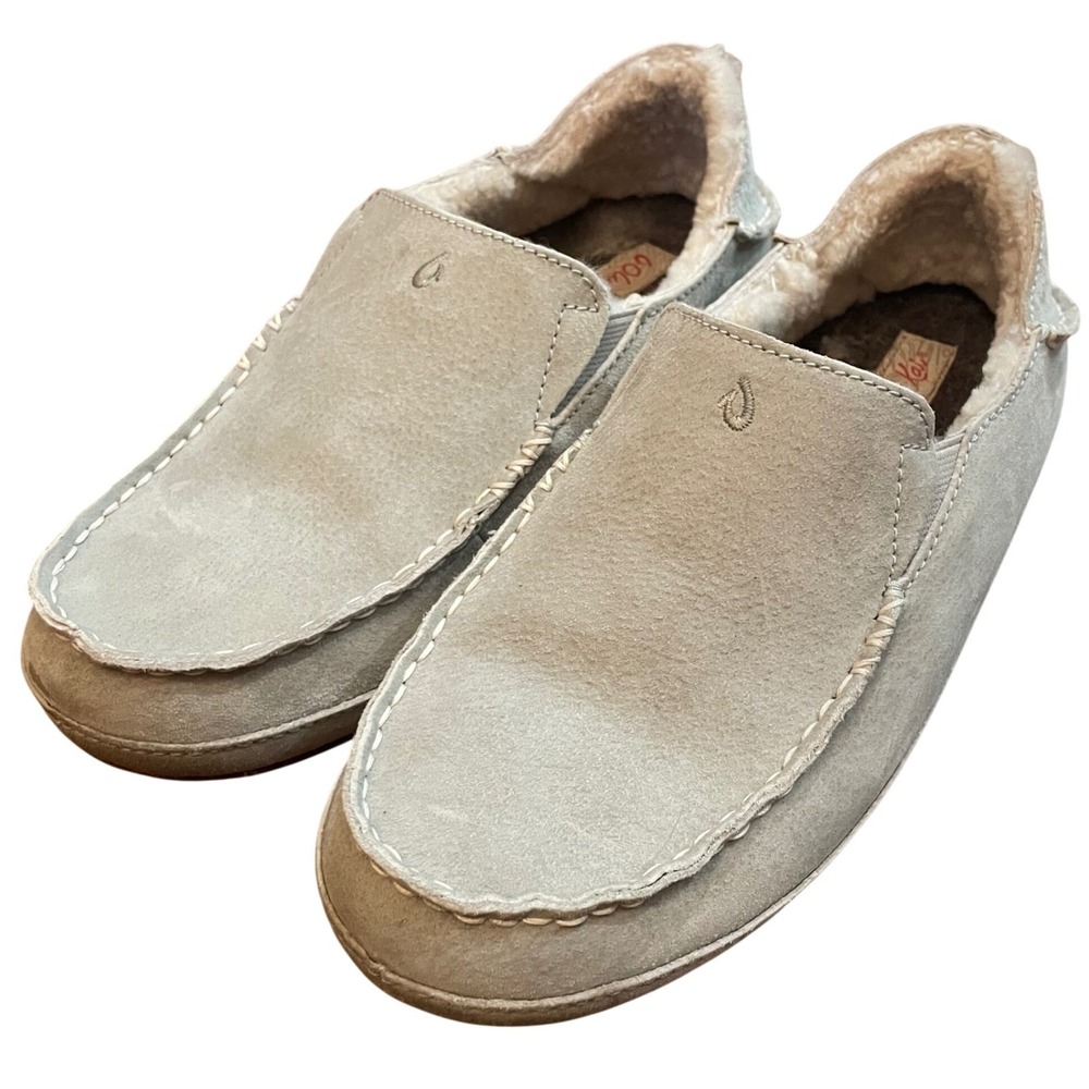 OluKai Nohea Slipper Womens Pale Grey Shearling Lined Leather Loafers 8